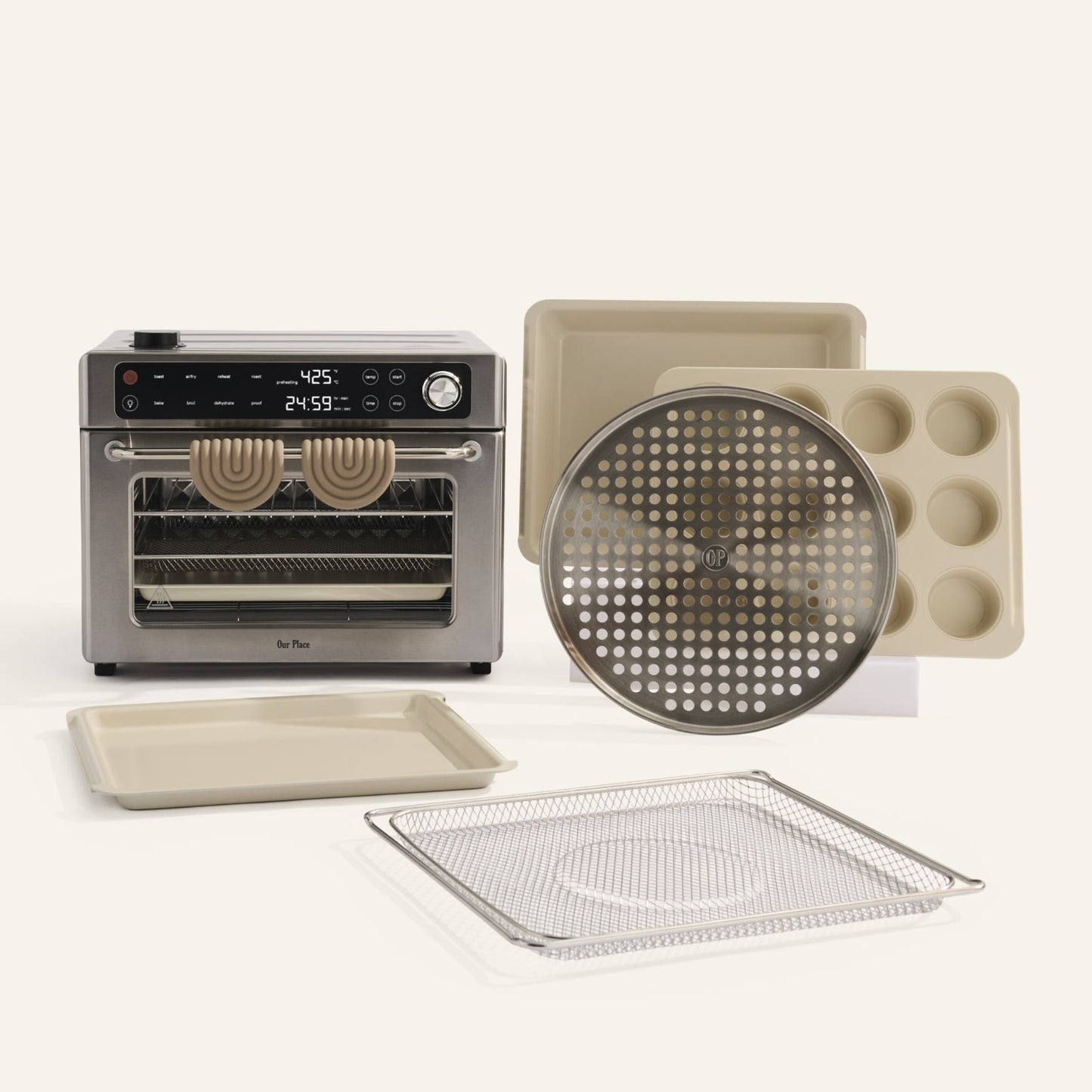 toaster oven with various accessories on a white background