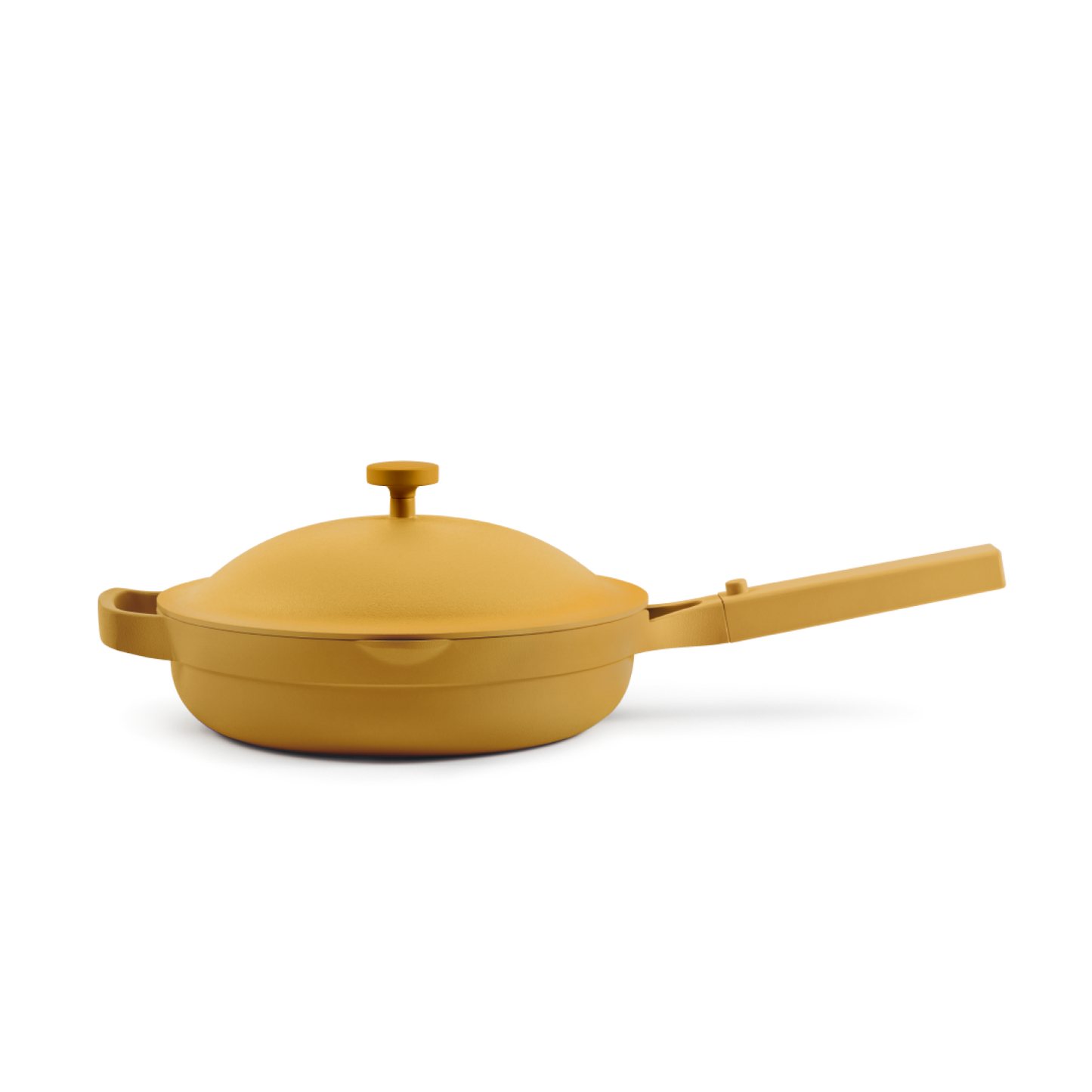 The Always Pan 2.0, a yellow nonstick frying pan with matching lid and long handle from a bestselling cookware line, is displayed against a plain white background.