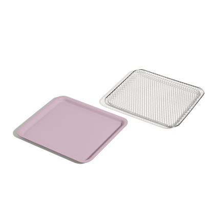 The Wonder Oven Essentials Kit includes a pink rectangular tray and a silver wire mesh tray, shown side by side on a white background.