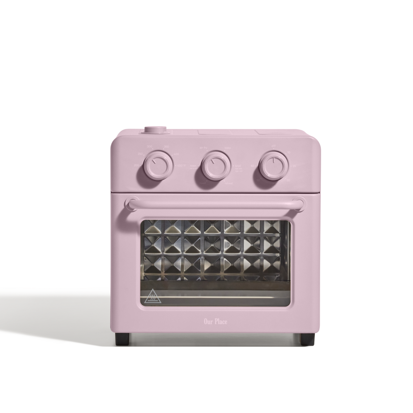 The AU - Wonder Oven is a compact pink toaster oven with three control knobs, a glass door, and air fryer functionality, shown against a plain white background for a stylish and healthy cooking solution.