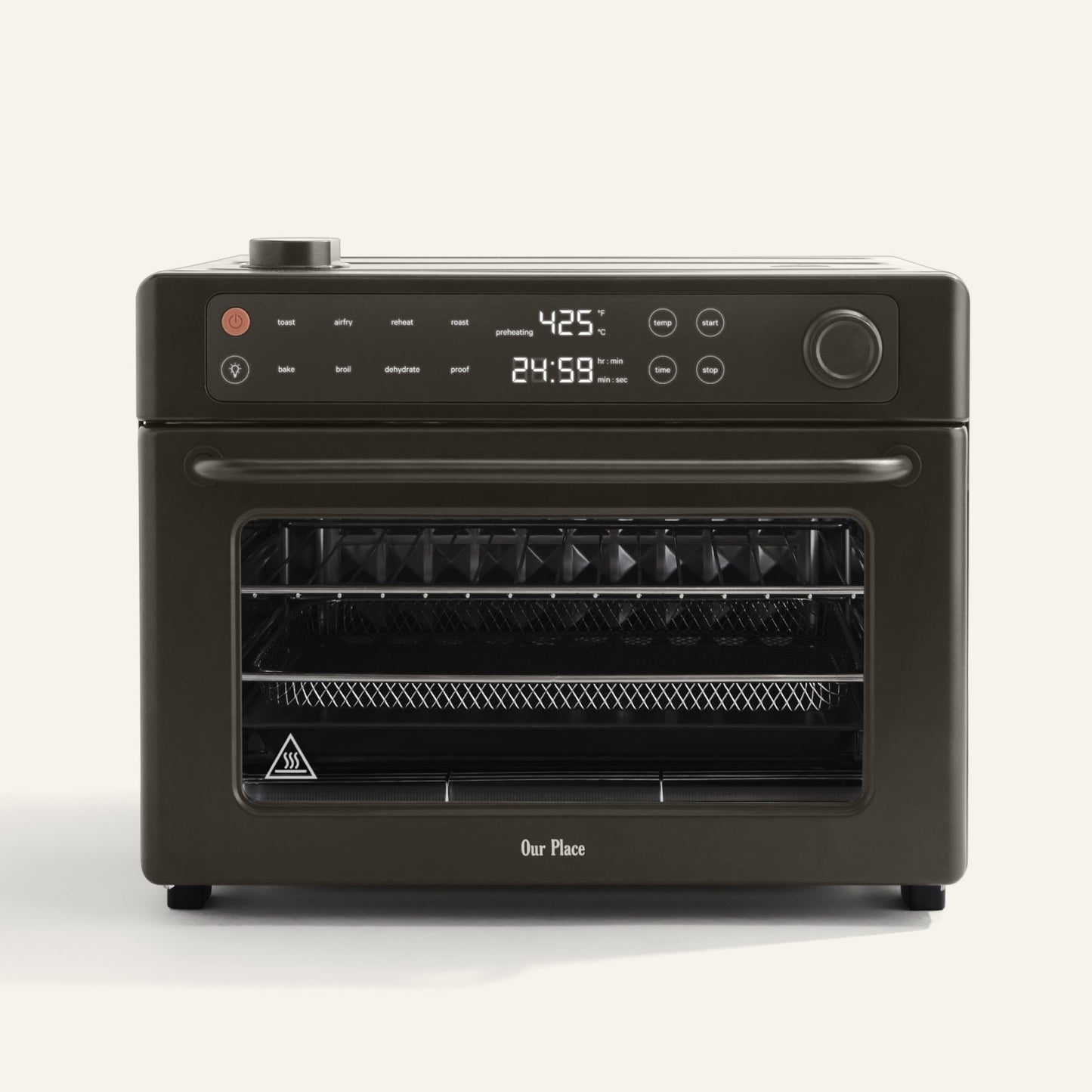 Black oven with digital display on a white background