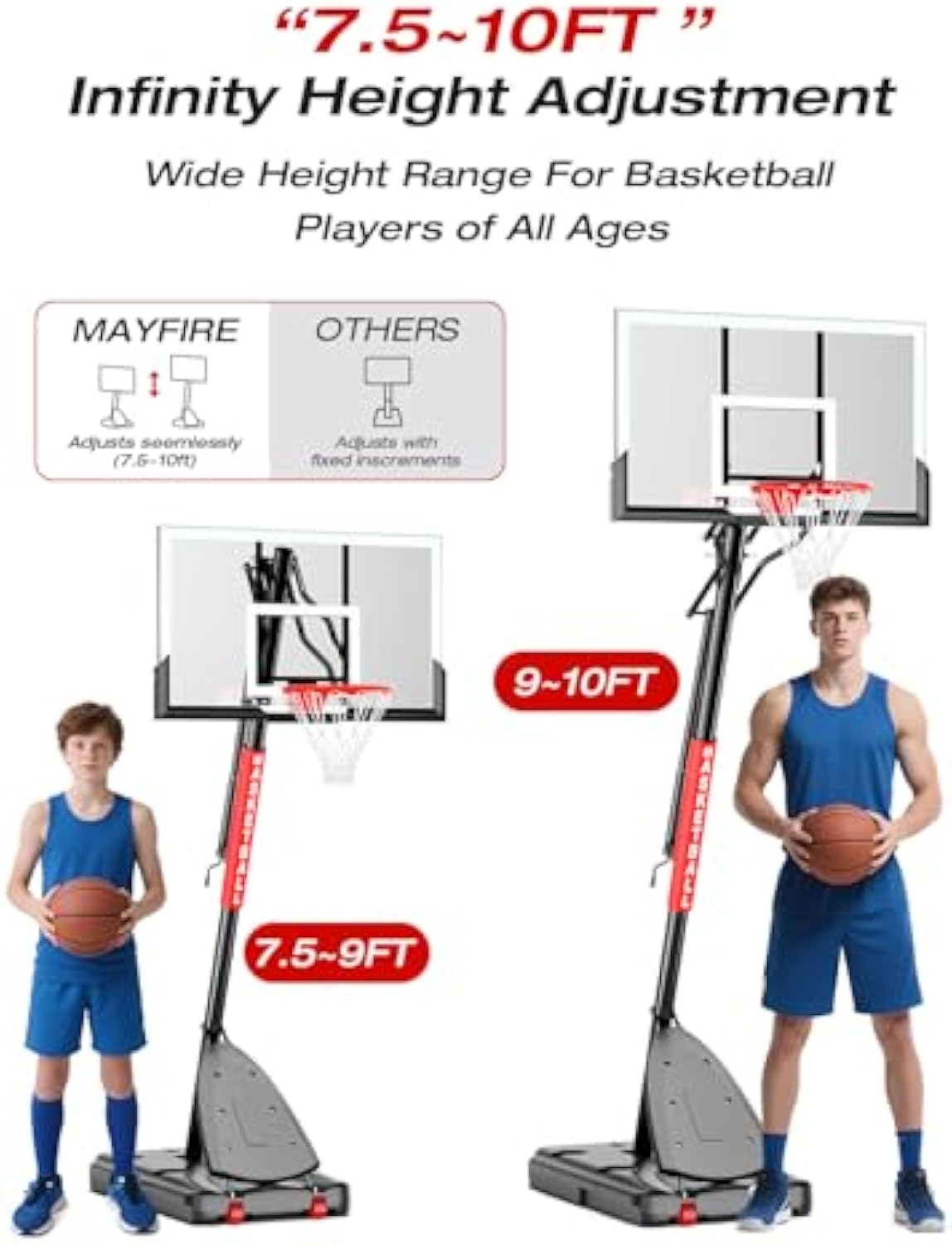 Basketball Hoop Outdoor 10 FT Height Adjustable, Portable Basketball Goals Systems with 45" Backboard for Youth Adults Kids - Backyard, Driveway, Indoor Play